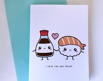 Sushi and Soy Sauce Card | (Greeting Card, Food Pun Card, Cute Card, Love Card, Kawaii Card)