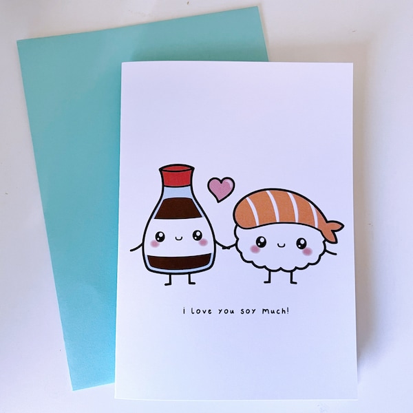Sushi and Soy Sauce Card | (Greeting Card, Food Pun Card, Cute Card, Love Card, Kawaii Card)
