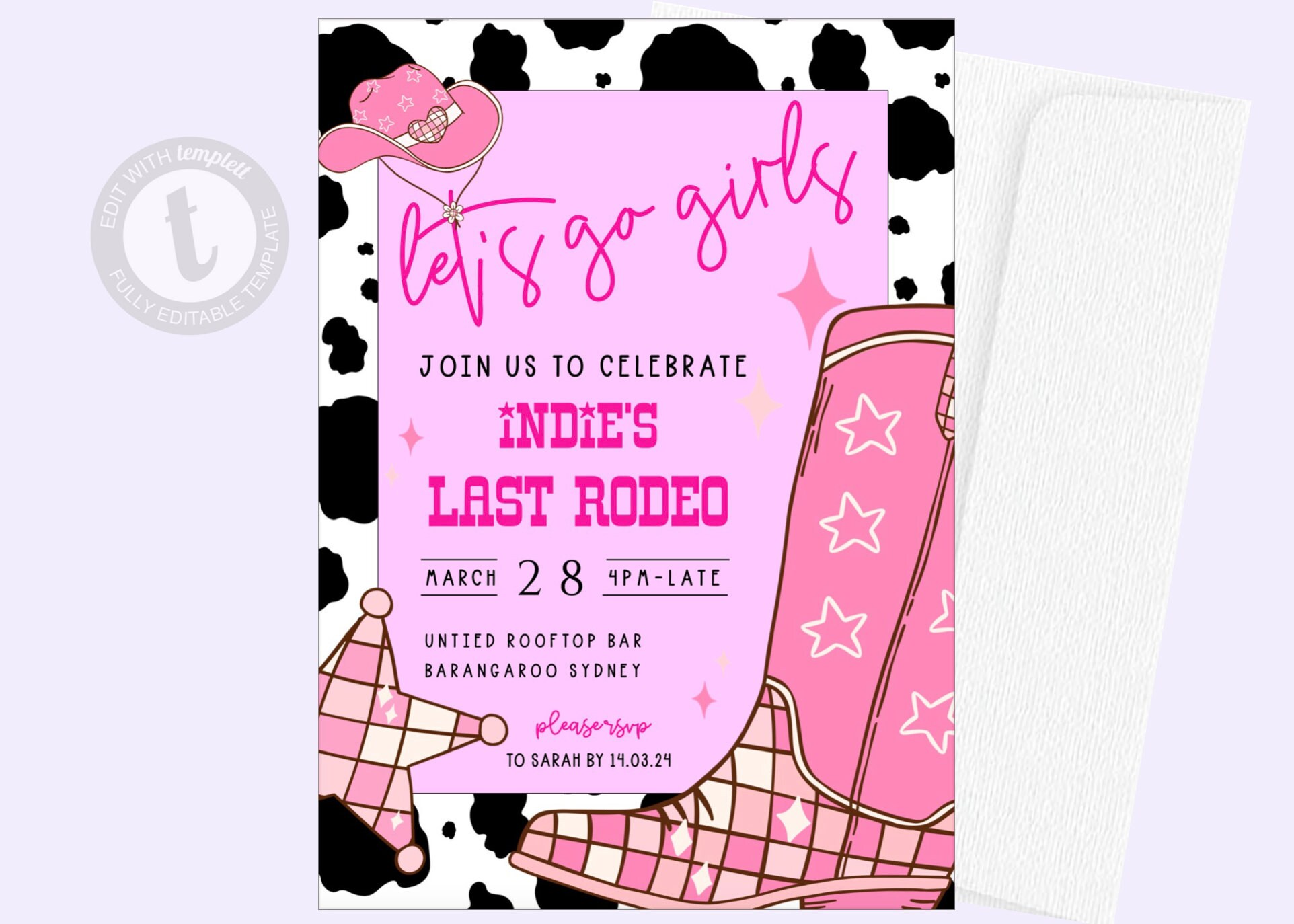 Rodeo Cowgirl Hens Bachelorette Invitation Template | Pink Templett Editable Digital Invite Instant Download
