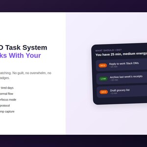 以下が含まれることがあります： ADHDタスクシステム用のデジタルインターフェース。背景は暗く、タスクオプションが表示されています。「あなたの脳で機能するADHDタスクシステム」というテキストが表示されています。インターフェースにはタスクカテゴリが表示されています。