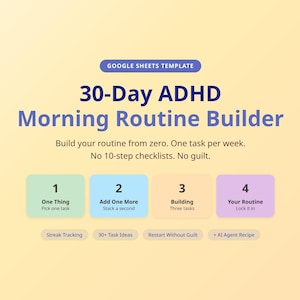 May include: A digital graphic for a 30-Day ADHD Morning Routine Builder, a Google Sheets template. The design features a gradient background and four numbered steps: One Thing, Add One More, Building, and Your Routine. Text includes "Build your routine from zero. One task per week. No 10-step checklists. No guilt."