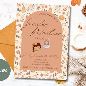 Sweater Weather Brunch Invitation, Fall Breakfast Invite, Fall Party Invitation, Canva Editable Template