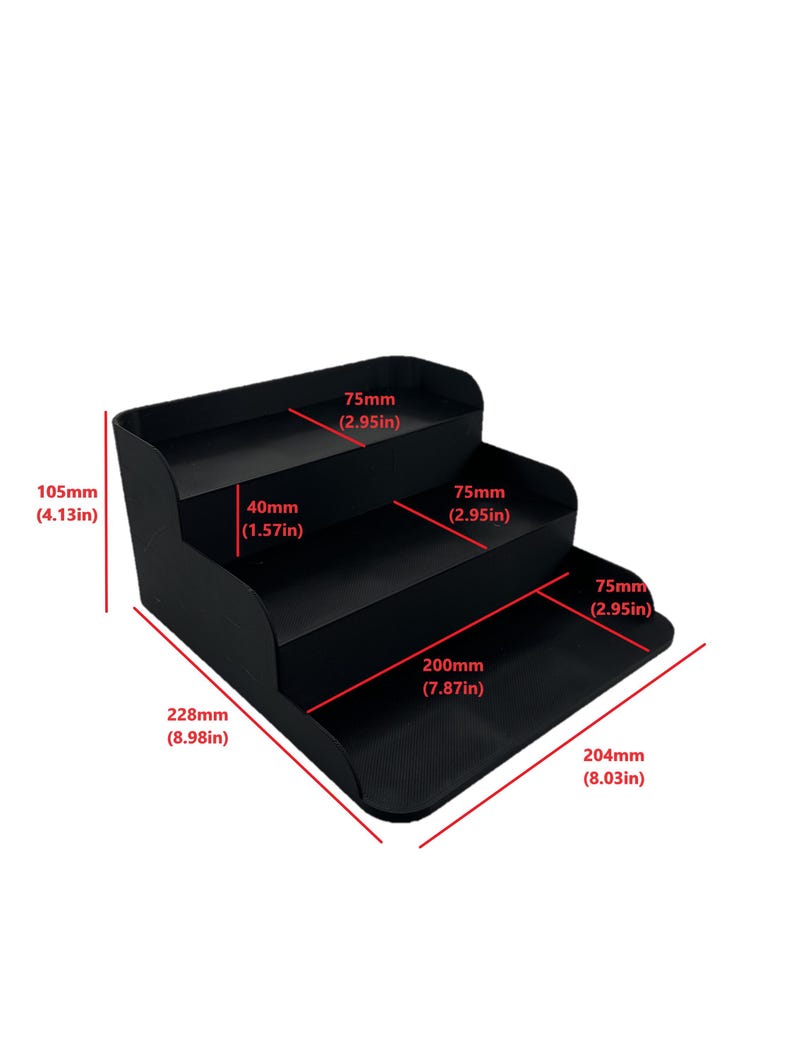 May include: Black three-tiered shelf unit with measurements in inches. The shelf is 8.98 inches wide, 7.87 inches deep, and 8.03 inches long. Each shelf is 2.95 inches deep.