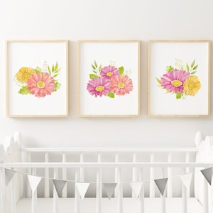 Watercolor Gerber Daisy Print Set, Nursery Decor, Kid&#39;s Room Art, Flower Print Set, Wall Art, Instant Download, Girl&#39;s Room Decor
