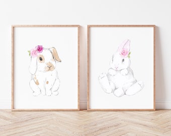 Kinderzimmer Wandkunst, Mädchenzimmer Dekor, Aquarell Hase Druck Set, Hase Kunst Set, Kinderzimmer Wandkunst, Sofortiger Download