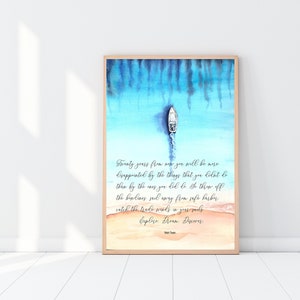 Aquarell Strand Druck, Inspirierender Spruch von Mark Twain, druckbare Wandkunst, Wohnkultur, Motivierender Spruch