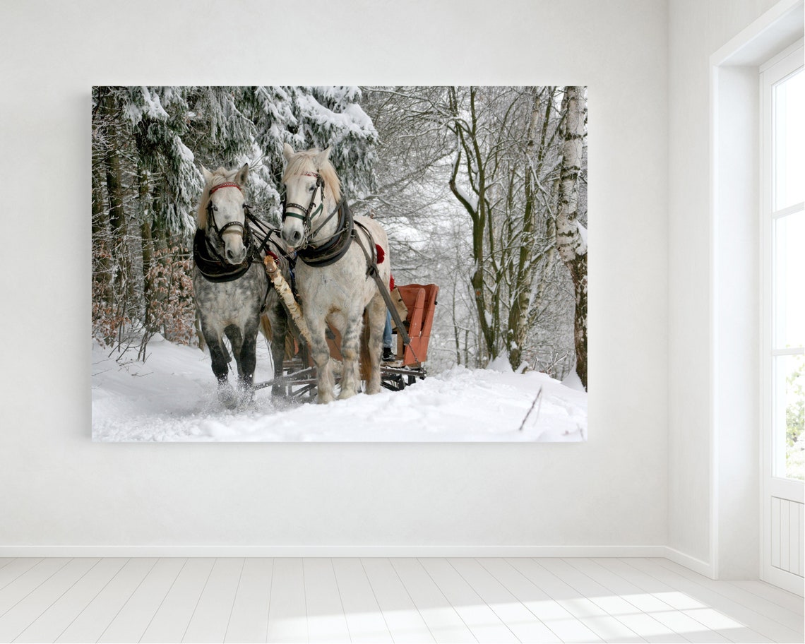 Horse Drawn Sleigh, Large Wall Art, Horse Art Print, Large Canvas Art