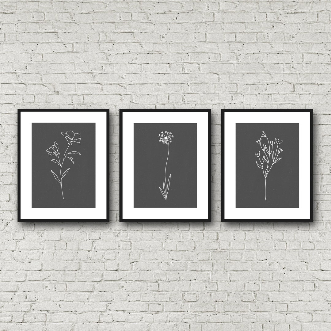 White Botanical Wall Art, Set of 3, Botanical Line Art, Black and White