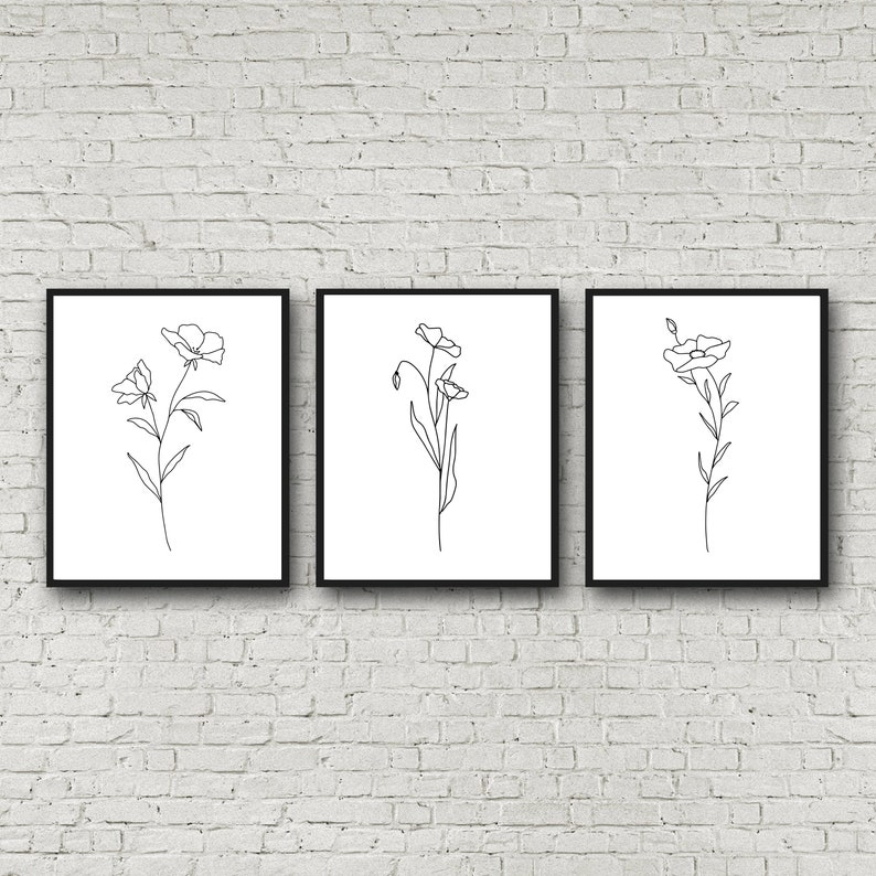 Black Botanical Line Art, Black Floral Wall Art, Set of 3, Home Decor
