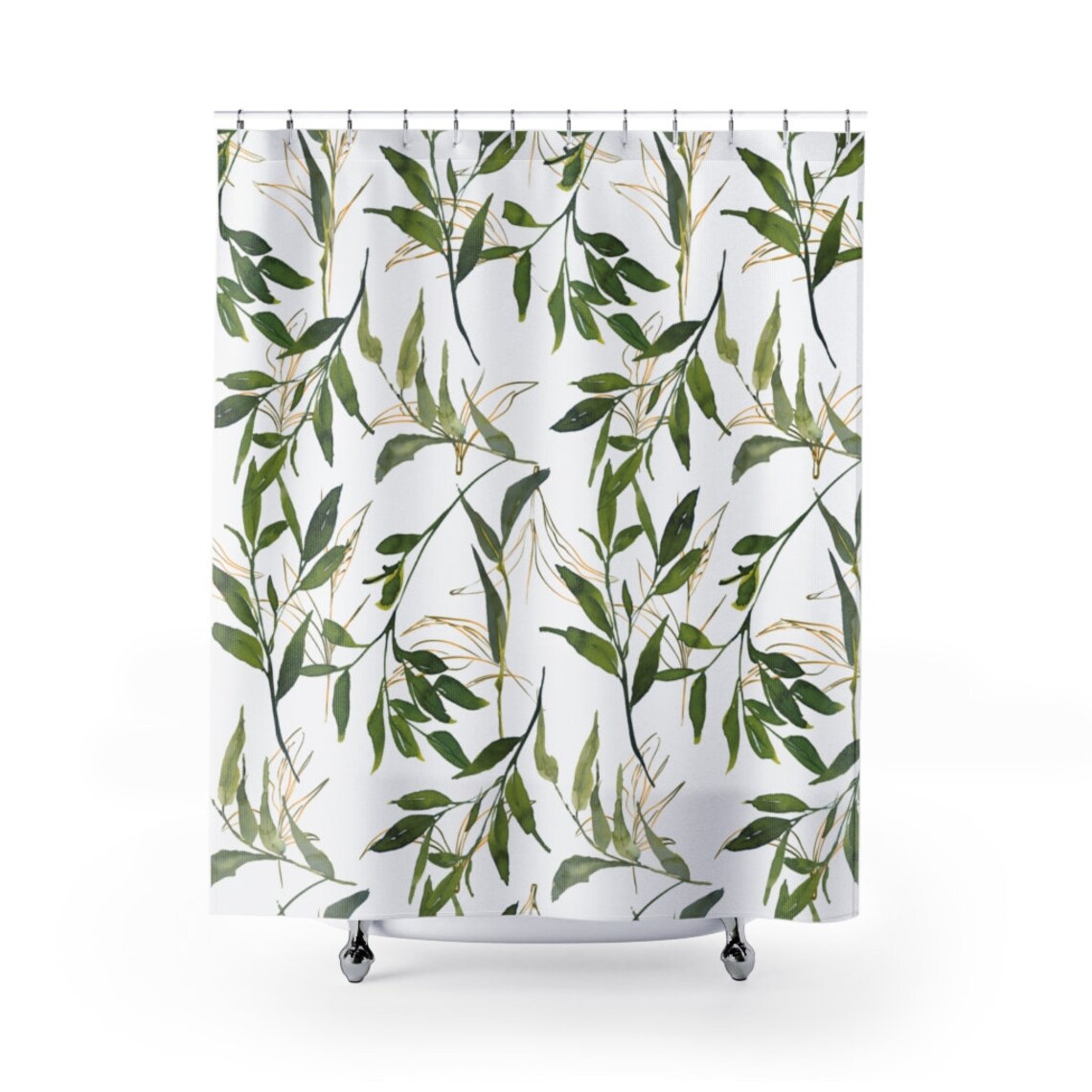 Botanical Print Shower Curtain, Green & Gold Floral Shower Curtain
