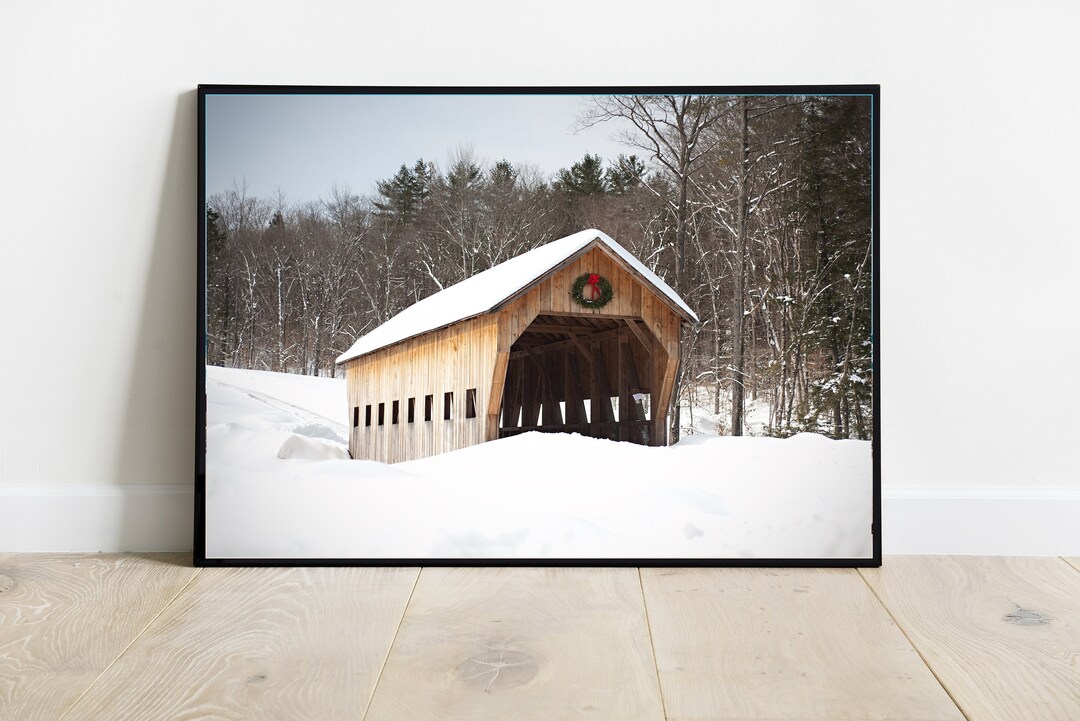 Snow Covered Bridge, Christmas Wreath on Wood Bridge, Farmhouse Decor