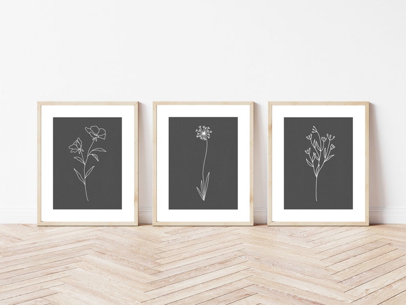 White Botanical Wall Art, Set of 3, Botanical Line Art, Black and White