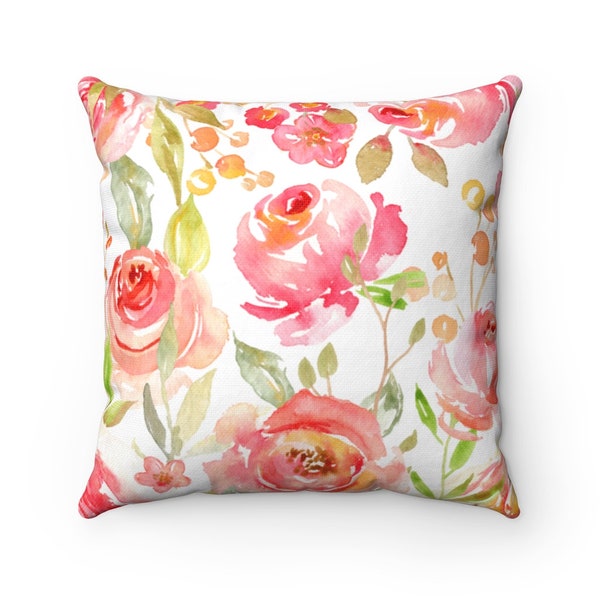 Rose Print Pillow Cover, Watercolor Roses, Square Pillow Cover, Doubled Sided Print, Concealed Zipper, Colors are Fade Resistant