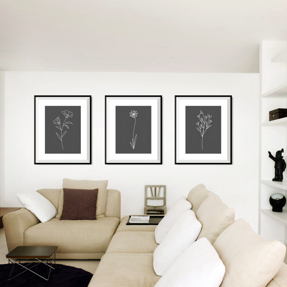White Botanical Wall Art, Set of 3, Botanical Line Art, Black and White
