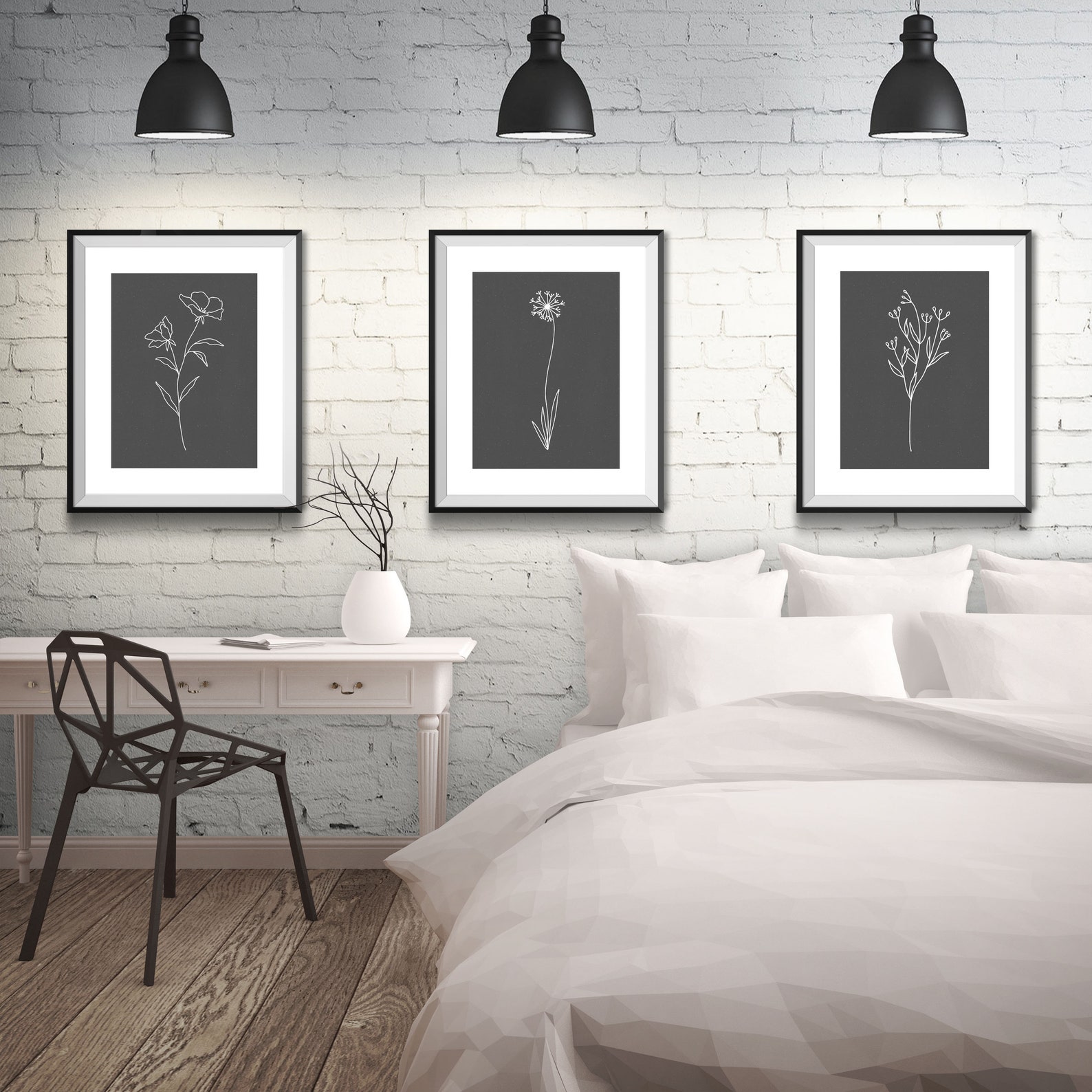 White Botanical Wall Art, Set of 3, Botanical Line Art, Black and White