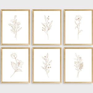 Gold Botanical Art Prints, Printable Wall Art, Set of 6, Gold Floral Prints, Contemporary Floral Art, Home Decor
