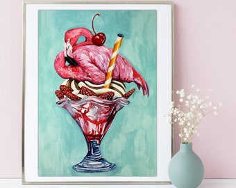 Pink Flamingo Art - Ice Cream Art - Tropical Blush Flamingo - Pastel Watercolor Bird Print - Wildlife Wall Art - Summer Sundae