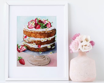 Cake Art Painting - Strawberry Cake Art -  Dessert Foodie Art - Kitchen Art - Baking Decor - Food Illustration - Dessert Art - Bakery Art