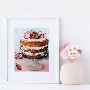 Cake Art Painting - Strawberry Cake Art -  Dessert Foodie Art - Kitchen Art - Baking Decor - Food Illustration - Dessert Art - Bakery Art