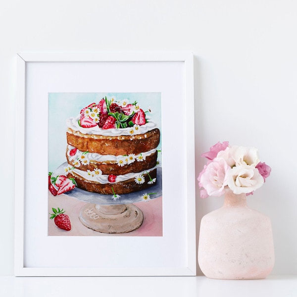 Cake Art Painting - Strawberry Cake Art -  Dessert Foodie Art - Kitchen Art - Baking Decor - Food Illustration - Dessert Art - Bakery Art