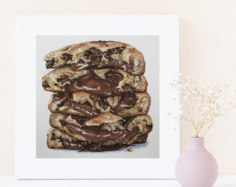 Cookie Art - Chocolate Chip Cookie Painting - Cookie Wall Decor - Kitchen Art-Food Art - Watercolor Dessert Art Print - Cookies and Milk