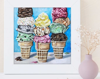 Ice Cream Cone Art - Three Ice Cream Cones - Colorful Sprinkle Ice Cream Cone - Kitchen Watercolor Decor - Stacks of Ice Cream Scoops Art
