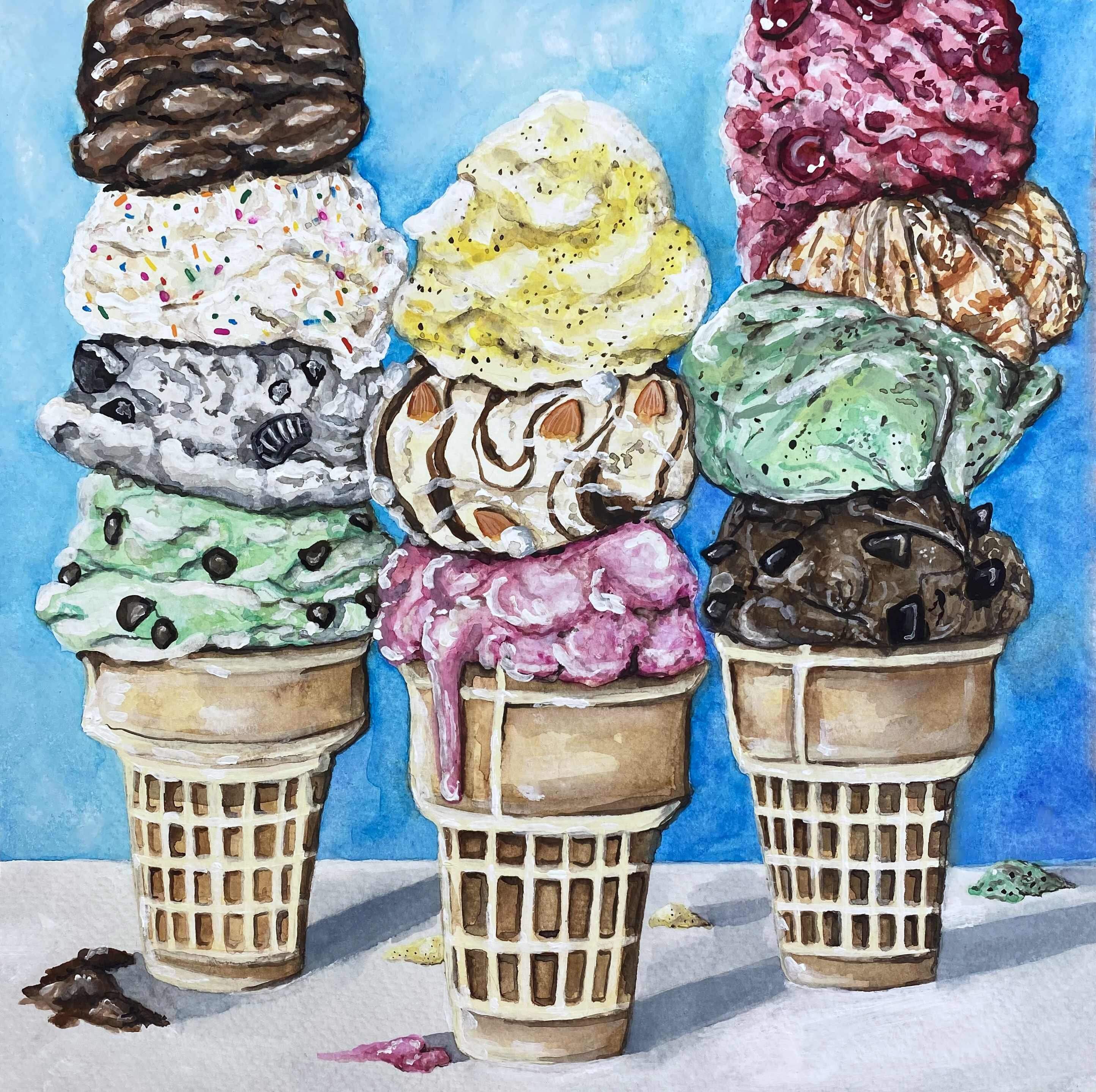 Ice Cream Cone Art - Three Ice Cream Cones - Colorful Sprinkle Ice ...