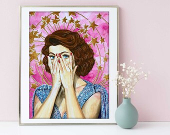 Starry Eyed Woman Portrait - Blue Eyed Girl Woman Art - Expressive Wall Art - Brunette Female Portrait Illustration - Retro Pin Up Art Decor