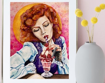 Rita Hayworth Art - Red Head Retro Pin Up Art - Vintage Kitchen Pin-Up Print -  Sundae Ice Cream Food Dessert Print - Kitchen Decor Poster