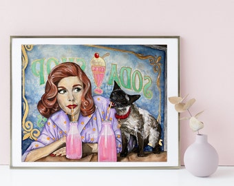 Retro Ice Cream Wall Art - Vintage 1950s Wall Decor - Red Head and Ragdoll Cat Soda Shop Art Print - Milkshake Art