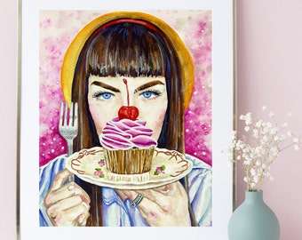 Cupcake Girl Art - Cute Pink Cupcake Wall Art - Food Dessert Print Poster Illustration Decor - Kitchen Art - Food Art - Cake Art