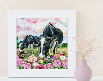 Cow Art - Cupcake Art - Farmhouse Decor - Dairy Cow - Kitchen Decor - Farm Decor - Whimsical Art - Cute Dessert Art - Sprinkle Wall Art
