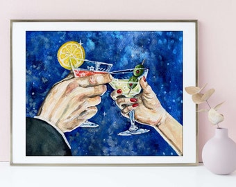 Martini Glasses Art Print - Dirty Martini Retro Wall Art - Cocktail Decor - Vintage Mixology Kitchen Food Painting -  Cheers Bar Cart Art