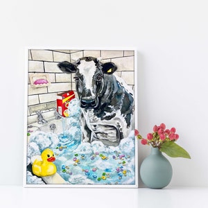 Cow Art Print - Farmhouse Decor - Dairy Cow Art - Black and White Cow in Bathtub - Bubble Bath Animal Decor - Bathroom Art