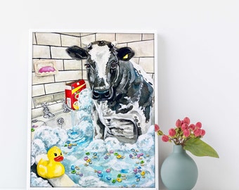 Cow Art Print - Farmhouse Decor - Dairy Cow Art - Black and White Cow in Bathtub - Bubble Bath Animal Decor - Bathroom Art