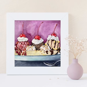 Banana Split Art - Ice Cream Art - Food Art - Kitchen Decor - Dessert Painting - Sundae Poster - Pop Art - Cherry - Watercolor Food