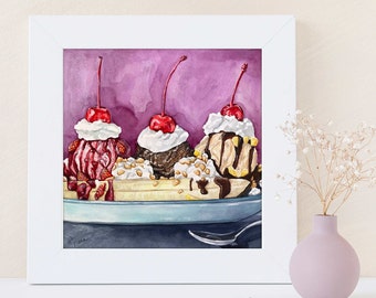 Banana Split Art - Ice Cream Art - Food Art - Kitchen Decor - Dessert Painting - Sundae Poster - Pop Art - Cherry - Watercolor Food