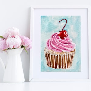 Cupcake Art - Cute Pink Food Dessert Print - Kitchen Poster Decor Wall Art Poster -  Cupcake Print - Kitchen Art - Watercolor Illustration