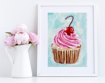 Cupcake Art - Cute Pink Food Dessert Print - Kitchen Poster Decor Wall Art Poster -  Cupcake Print - Kitchen Art - Watercolor Illustration