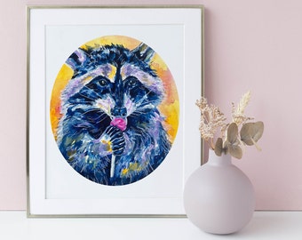 Raccoon with Lollipop Art - Colorful Watercolor Cute Kitchen Food Whimsical Animal - Raccoon Decor Print - Funny Painting