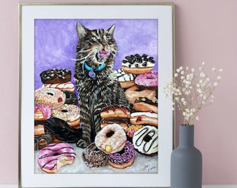 Cat and Donut Art - Brown Tabby Stacks of Doughnut Art - Sprinkle Donut Kitchen Food Art Decor Poster - Funny Cat Wall Art