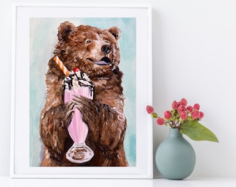 Bear Art - Grizzly Bear Art - Ice Cream Art -  Whimsical Animal Painting - Food Painting - Bear with Milkshake Art - Kitchen Art