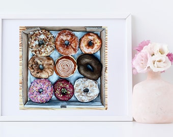 Doughnut Art - Box of Donut Print - Sprinkle Doughnut - Kitchen Art - Doughnut Illustration - Cute Home Decor - Food Decor