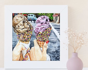 Ice Cream Art - Ice Cream Waffle Cone Summer Painting Poster - Colorful Food Kitchen Decor - Ice Cream Watercolor Wall Art - Pop Art Realism