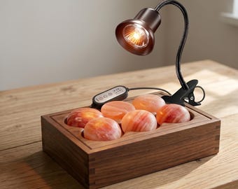 Himalayan Salt Massage Stones Set with Heat Lamp Warmer Handmade Walnut Box