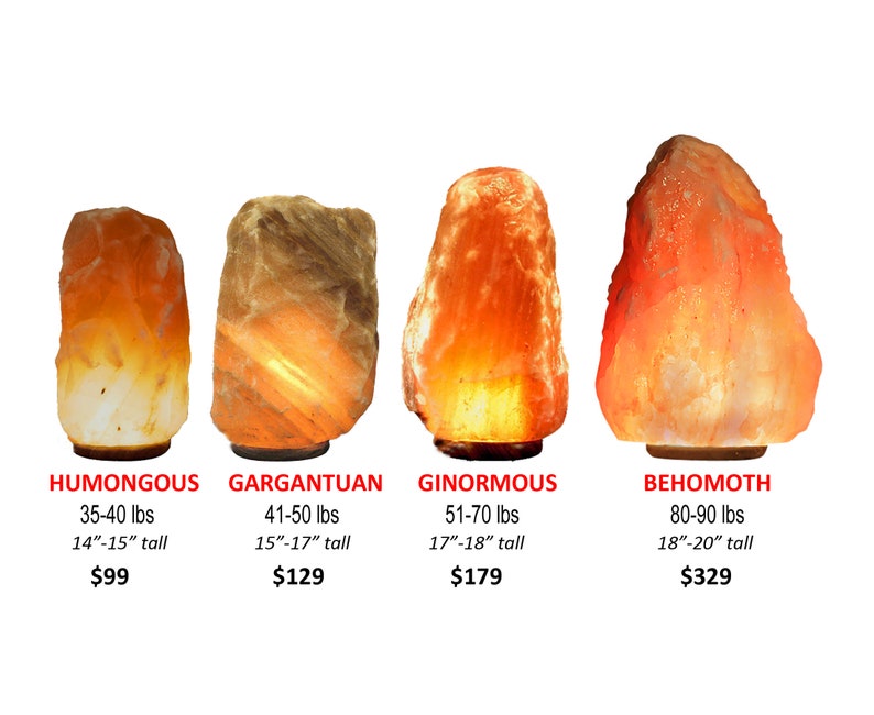 May include: Four Himalayan salt lamps of varying sizes, from smallest to largest: Humongous (35-40 lbs, 14-15" tall), Gargantuan (41-50 lbs, 15-17" tall), Ginormous (51-70 lbs, 17-18" tall), and Behemoth (80-90 lbs, 18-20" tall).