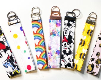 Handmade Key Fob Wristlet | Mickey,  Minnie, Bees, Mermaid, Rainbow, Leopard, Pink design