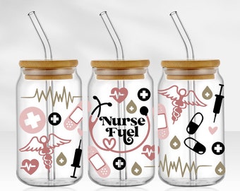 Nurse Fuel | 16oz glass tumbler with bamboo lid and straw