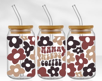 Mama Needs Coffee | 16oz glass tumbler with bamboo lid and straw