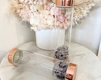550ml Rose Gold Glass Bottle infused with Amethyst, Rose Quartz and Clear Quartz Crystals | Crystal Healing | Anxiety Relief